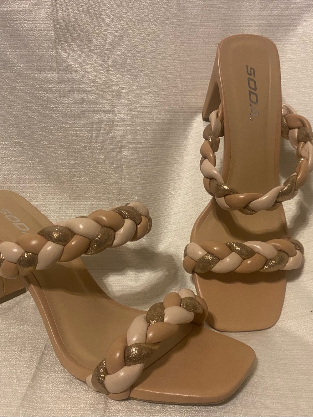 Soda Neutral Chunky Braided Strap Square Toe Block Heel Sandals